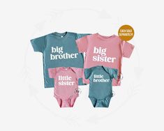 "BROTHER AND SISTER SHIRT/BODYSUIT: Celebrate your growing family with H+A's adorable sibling t-shirts! Perfect for sibling announcements, photos, and makes a great gift. Each sold separately. Heather blue tee/bodysuit and/or mauve tee/bodysuit with white vinyl font.  HOW TO ORDER: * Select A Finish * Select A Color + Size - size chart in image gallery * Select Your Quantity * Add to Cart (\"buy now\" will take you directly to checkout | \"add to cart\" will allow you to continue shopping) (some Blue Family Matching Shirts, Family Matching Blue Shirt, Pink Family Matching Sets With Short Sleeves, Pink Short Sleeve Family Matching Sets, Cute Blue Tops For Family Occasions, Family Matching Long Sleeve Tops For Gender Reveal, Customizable Blue Tops For Family Occasions, Pink Matching Top For Gender Reveal, Customizable Family Matching Tops For Gender Reveal