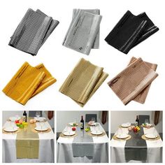 four different types of table cloths on top of each other with plates and wine glasses