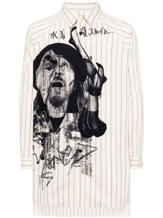 cream white/black cotton vertical stripe print illustration-style print classic collar front button fastening long raglan sleeves buttoned cuffs side slits high-low hem Twist Shirt, Embroidered Denim Shirt, Kimono Shirt, Paisley Shirt, Yohji Yamamoto, Check Shirt, Bold Prints, Long Shirt, Color Stripes