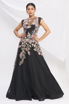 Shop for Rajat and Shraddha Black Net Floral Embroidered Flared Gown for Women Online at Aza Fashions Evening Gown With Floral Embroidery In Organza, Hand Embellished Semi-stitched Maxi Gown, Floor-length Organza Anarkali Set For Evening, Embroidered Black Maxi Dress For Wedding, Designer Organza Gown In Maxi Length, Designer Organza Maxi Gown, Designer Wear Maxi Length Organza Gown, Designer Floor-length Gown With Floral Embroidery, Designer Floor-length Maxi Dress With Intricate Embroidery