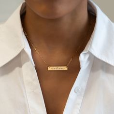 This personalized engraved bar necklace is the perfect keepsake jewelry piece. Bar 1.2x0.2in (31x5mm) Adjustable chain length: 17-20in (38-51cm) Laser Engraving Gold Filled Spring clasp closure Hypoallergenic, lead and nickel free #252GF Elegant Customizable Rectangular Name Necklace, Silver Engraved Rectangular Bar Necklace, Engraved Silver Rectangular Bar Necklace, Minimalist Jewelry With Engraving Option, Rectangular Pendant, Minimalist Jewelry With Rectangular Pendant And Engraving Option, Classic Rectangular Necklaces With Engraving Option, Elegant Engraved Name Necklace For Personalized Gift, Everyday Rectangular Necklace With Engraving Option, Gift Nameplate Necklace With Engraved Text