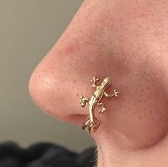 a close up of a person's nose with a gold lizard on top of it