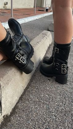 Mid-calf faux leather moto boots for the baddie in you 🎱🏍️👢 Featuring a low chunky heel & metal buckles. Runs true to size Ankle Moto Boots Outfit, How To Wear Moto Boots, Edgy Moto Boots With Metal Pin Buckle, Trendy Chunky Moto Boots For Fall, Punk High Ankle Platform Boots With Buckle, Fall Faux Leather Platform Boots With Buckle, Edgy Fall Boots With Metal Pin Buckle, Edgy Boots With Metal Pin Buckle For Fall, Trendy Chunky Winter Moto Boots