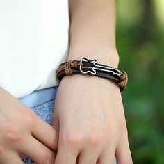 Brown Leather Bracelet With Silver Guitar Guitar Bracelet, Silver Guitar, Brown Leather Bracelet, Mens Accessories Jewelry, Brown Silver, Leather Bracelet, Brown Leather, Guitar, Mens Accessories