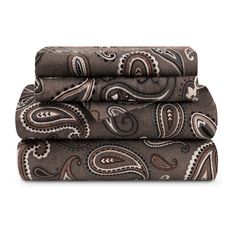 the paisley print sheet set is made with two sheets and three pillow cases, one in brown