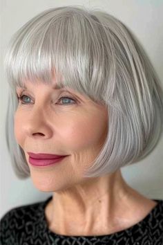 Chin-Length Bob with Full Bangs Haircut for Women Over 50. Bob With Full Bangs, Short Wavy Haircuts, Full Bangs, Chin Length