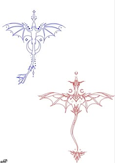 an image of two different designs on a white background with blue and red lines in the shape of dragon wings