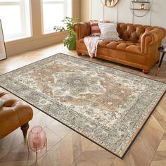 a living room filled with furniture and a large rug on the floor in front of a couch