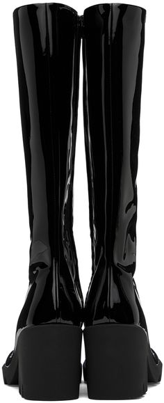 Knee-high patent leather boots in black. · Square toe · Zip closure at inner side · Buffed leather lining · Textured rubber midsole and block heel · Treaded rubber sole · Heel: H3.5 Supplier color: Black Sleek Glossy Boots For Evening, Sleek Glossy Finish Evening Boots, Luxury Patent Leather High Heel Knee-high Boots, Luxury Patent Leather Knee-high Boots For Formal Occasions, Luxury High Heel Patent Leather Knee-high Boots, Luxury High Heel Knee-high Boots In Patent Leather, Elegant Glossy Boots, Modern Patent Leather Knee-high Boots, Evening Patent Leather Boots With Block Heel