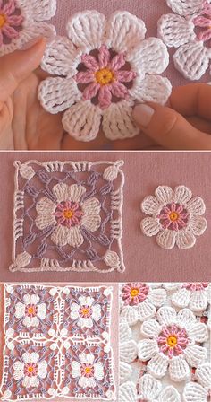 crocheted flowers are shown in different stages of being made and placed on top of each other