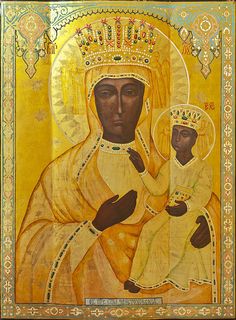 an icon depicting the virgin mary and child jesus, painted on gold leafed paper