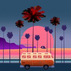 an orange van parked in front of palm trees on the beach at sunset or sunrise