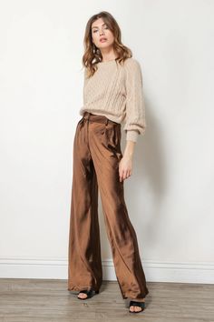 CAMDEN PANTS – Line & Dot Relaxed Business Casual Women, Business Casual Staples, Dressy Slacks Outfits, Capricorn Summer Outfits, Brown Silk Pants Outfit, Dress Pants Women Outfit, Copper Pants Outfit, College Professor Outfits, Tan Dress Pants Outfit