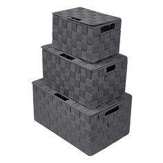 three gray baskets stacked on top of each other