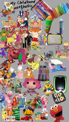 an assortment of cartoon characters and objects on a gray background with the words my childhood aesthetic