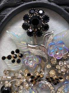 an assortment of brooches and other jeweled items in a circular frame on display