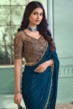 Teal Blue Saree, Blue Georgette Saree, Reception Cocktail, Bridal Lehenga Designs, Engagement Reception, Female Dress, Party Wear Saree, Ready To Wear Saree, Teal Fabric