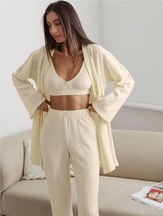 Introducing our latest addition, the Loose Striped Long Pants Pajama Robe Set, perfect for chilly autumn and winter nights. This three-piece ensemble includes a comfortable sleeveless top, long pants, and a cozy robe, all designed for ultimate relaxation. Crafted from high-quality knit fabric, this set offers both warmth and style for your lounging needs. Key Features: Comfortable Design: Experience unmatched comfort with the loose fit and soft knit fabric of this pajama set, ensuring a cozy and relaxed feel all night long. Versatile Style: Whether you're lounging at home or enjoying a leisurely morning, this set provides effortless style with its classic striped design. Complete Set: This set includes a sleeveless top, long pants, and a matching robe, offering versatility and convenience Casual Lounging Intimates, Summer Seamless Intimates For Loungewear, Cheap Solid Color Loungewear Intimates, Sleep Outfit, Linen Nightgown, Cotton Pajama Shorts, Matching Robes, Pyjamas Womens, Silk Nightgown