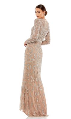 Long fitted sequin print formal dress wtih beaded belt and sheer long sleeves Designer Formal Dresses, Long Sleeve Evening Gowns, Trumpet Skirt, Unique Prom Dresses, Beaded Belt, Mermaid Skirt, Mac Duggal, Mother Of The Bride Dress, Designer Gowns