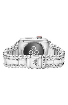 Turn your Apple Watch into a piece of fine jewelry with this band featuring sterling silver and signature Caviar beading. Compatible with 42mm Apple Watch (not included) Sterling silver Imported Silver Rectangular Watch Accessories With Polished Finish, Rectangular Silver Watch Accessories With Polished Finish, Silver Timeless Bracelet Strap Watch Bands, Timeless Silver Watch Band With Bracelet Strap, Timeless Silver Bracelet Strap Watch Band, Classic Silver Apple Watch Band With Polished Finish, Modern White Gold Apple Watch Band With Bracelet Strap, Modern White Gold Bracelet Strap Apple Watch Band, Formal Silver Apple Watch Band With Polished Finish