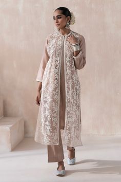 Mud ivory sheer jacket featuring floral pearl and dori embroidery all over. Paired with a kurta and a pant. - Aza Fashions Elegant Outerwear With Dupatta For Eid, Elegant Straight Kurta With Chikankari Embroidery, Elegant Outerwear With Chikankari Embroidery, Elegant Festive Straight Kurta Outerwear, Festive Long-sleeved Cream Outerwear, Festive Long Sleeve Cream Outerwear, Festive Cream Long Sleeve Outerwear, Elegant Chikankari Embroidery Outerwear For Eid, Elegant Outerwear With Chikankari Embroidery For Eid