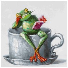 a painting of a frog sitting on top of a coffee cup with a book in it's mouth