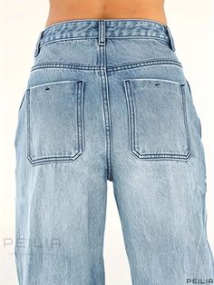 Peilia - Womens Street Style Wide Leg Boyfriend Jeans in Washed Blue, Featuring Loose Fit Baggy Design and Zipper Button Closure - Denim Pants and Clothing Solid Tops, Plus Size Casual, Street Style Women, Boyfriend Jeans, Denim Pants, Wide Leg Pants, Wide Leg, Loose Fitting, Mini Skirts