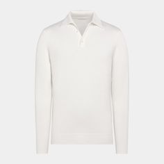 This off-white long sleeve polo is tailored to a slim fit and features a classic button collar, mother of pearl buttons, and ribbed hem and cuffs. Fitted Long Sleeve Polo Shirt With Buttons, Classic Polo Shirt For Business, Fitted Polo Collar Top With Button Cuffs, Elegant Polo Collar Top With Button Closure, Elegant Tops With Button Closure And Polo Collar, Classic Polo Shirt With Polo Collar For Business, Classic Fitted Polo Shirt For Workwear, Luxury Collared Polo Sweater, Elegant Polo Shirt For Work