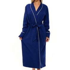 Butter soft knit fabric that you'll absolutely fall in love with as we have! This mid-calf length, wrap around knit robe for women features a flat, banded collar, cuffed sleeves and contrasting color piping throughout. Traditional wrap around belt outside, satin inner tie. Hidden inseam pockets deep enough for a large smart phone. Hem is double folded and mid-calf in length. Robe For Women, Lounge Robes, Men's Robes, Cotton Nightgown, One Piece Clothing, Mens Pajamas Set, Women's Robe, Fleece Pajamas, One Piece Pajamas