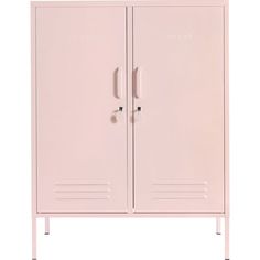 a pink metal locker with two doors