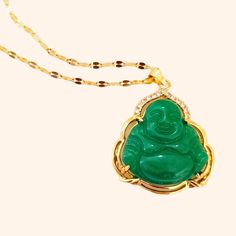 women's green jade buddha necklace Spiritual Green Jewelry With Adjustable Chain, Gold Jade Jewelry For Good Luck, Elegant Jade Necklace With Adjustable Chain, Green Gemstone Necklace For Good Luck, Gold Jade Pendant Necklace, Gold Jade Necklace Gift, Gold Jade Gemstone Crystal Necklace, Gold Jade Crystal Necklace With Gemstone, Spiritual Jade Necklace Gift