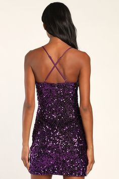 Purple Sequin Mini Dress, Glamorous Purple Sequin Dress, Glamorous Purple Bodycon Dress For Night Out, Glamorous Purple Sequin Dress For Date Night, Purple Sequined Bodycon Dress For Night Out, Purple Sequin Bodycon Party Dress, Glamorous Purple Bodycon Dress For Date Night, Holiday Purple Sequined Mini Dress, Glamorous Purple Mini Dress For Holidays