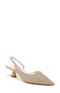 A pointy toe and slingback strap bring cutting-edge glamour to a glossy pump that's polished off with a low kitten heel. 1 3/4" heel (size 8.5) Elasticized slingback strap Cushioned footbed with arch support Leather upper/synthetic lining and sole Imported Kitten Heel Wedding Shoes, Feminine Shoes, Kitten Heel Pumps, Gold Shoes, Franco Sarto, Kitten Heel, Slingback Pump, Slingback Sandal, Cute Shoes