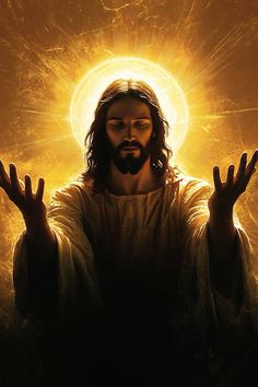 jesus with his hands in the air and shining bright yellow light behind him, as if he is praying