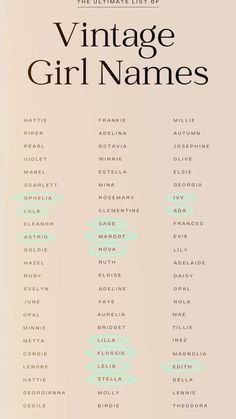 the ultimate list of vintage girl names in blue and green on a light pink background