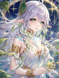 an anime character with long white hair and green eyes, holding her hands on her chest