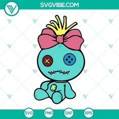 a blue cartoon character with a pink bow on her head and eyes, sitting in front of