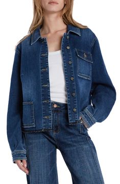 An oversized silhouette means laid-back cool in this modern denim jacket featuring a released frayed hem for deconstructed detail. 21" length Spread collar Unlined 95% cotton, 4% polyester, 1% spandex Machine wash, tumble dry Imported Trendy Dark Wash Shacket For Fall, Relaxed Fit Medium Wash Denim Jacket With Frayed Hem, Washed Blue Denim Jacket With Patch Pockets For Fall, Spring Denim Shacket With Patch Pockets, Fall Denim Shacket With Patch Pockets, Fall Shacket With Patch Pockets In Medium Wash, Dark Wash Cotton Denim Jacket With Frayed Hem, Spring Dark Wash Denim Jacket With Frayed Hem, Cotton Denim Jacket With Frayed Hem For Fall