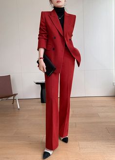 Elevate your style with our Sydney Single-breasted Blazer Pantsuit Set. Crafted with a sophisticated western-style collar and double-breasted detail, this set comes in a bold red and black color scheme. Make a statement in this exclusive and tasteful ensemble, perfect for any occasion. Notched lapels Long sleeve Double-breasted closure Polyester,Spandex Item #241177 Women's blazer & wide-leg pants set SIZE INFO XS=US2=UK6=EU32 S=US4-6=UK8-10=EU34-36 M=US8-10=UK12-14=EU38-40 L=US12-14=UK16-18=EU4 Luxury Winter Blazer For Semi-formal Occasions, Luxury Burgundy Suit For Semi-formal Occasions, Luxury Red Formal Pantsuit, Luxury Elegant Red Pants, Prom Suits For Women 2022, Luxury Retro Semi-formal Blazer, Luxury Red Pantsuit For Office, Luxury Elegant Blazer For Date Night, Cheap Long Sleeve Formal Blazer