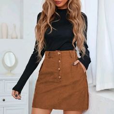 Women's Brown Button Corduroy Skirt New In Boutique High Waisted Fall Skirts, Brown Button Skirt Outfit, Short Corduroy Skirt Outfit, Brown Courdory Skirt Outfits, Fall Corduroy Mini Skirt, High-waisted Brown Corduroy Skirt, Corduroy Skirt For Fall Workwear, Brown Mini Skirt With Button Closure For Work, Winter Corduroy Skirt With Button Closure