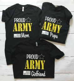 Proud Army Family shirt. We love our original design! Thank you for your families service! Add your shirt and then select Mom, Sister, Brother, Wife, Husband, Lil Brother, Someone I love, Uncle, Aunt, Nana, Girlfriend, Grandmother, Grandfather, Poppop, Pappy and so many more. *Baby items will have an adjusted logo design due to small, cuteness size of clothing :). These are BLACK T-shirts ONLY. (unless you select something different) **LADIES CUTS RUN SMALLER, PLEASE order accordingly. Please lo Black T-shirt With Custom Print For Family Events, Black Shirt With Graphic Print For Family Matching, Black Cotton Tops For Family Events, Cotton T-shirt With Name Print For Family Events, Custom Print Cotton T-shirt For Family, Family Event Graphic Print Crew Neck Shirt, Black Graphic Tee For Family Occasions, Black Graphic Tee For Family, Black Cotton Family Matching T-shirt