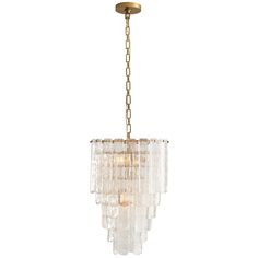 a chandelier hanging from the ceiling with clear glass beads and gold chain around it