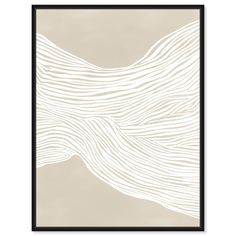 an abstract beige and white painting with wavy lines on the back of it, in a black frame