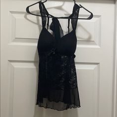 Nwt 1 Piece Of 2 Piece Set Black Lace Lingerie Top M Sheer Lace Bra-friendly Camisole For Night Out, Lace Camisole For Night Out, Bra-friendly, Lace Sleepwear With Built-in Underwire Bra, Lace Camisole With Built-in Bra, Black Lace Camisole For Night Out, Lace Underwire Top For Night Out, Black Lace Bra-friendly Camisole, Black Sleeveless Delicate Lace Top, Lace Camisole With Underwire For Night Out