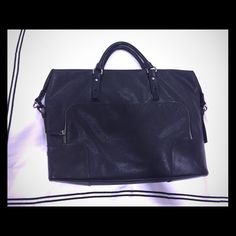 Brand New! Black Leather Work Bag With Laptop Case And Additional Long Strap. Multiple Compartments In Bag. Fully Lined. Silver Metal Accents. No Trade Elegant Black Weekender Bag With Top Handle, Office Travel Satchel Bag With Removable Pouch, Luxury Black Weekender Bag With Double Handle, Chic Black Briefcase For Office, Elegant Black Weekender Bag For Formal Occasions, Elegant Black Weekender Bag For Formal Use, Black Chic Briefcase For Office, Elegant Black Briefcase With Zipper Closure, Elegant Weekender Bag With Adjustable Strap