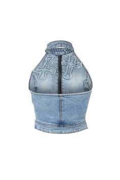 Cross Your Mind Patched Denim Halter Top – EDGE Fitted Denim Top With Zipper Closure, Trendy Denim Tops With Zipper Closure, Fitted Denim Halter Neck Top, Denim Halter Top, Patched Denim, Cross Patch, Zip Up Top, Night Out Tops, Casual Day Dresses