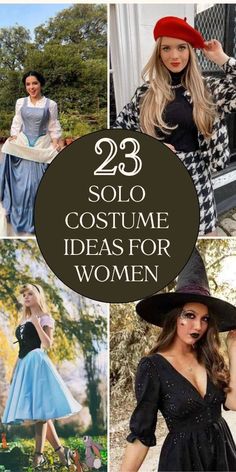 women wearing costumes and hats with text overlay that reads 23 solo costume ideas for women