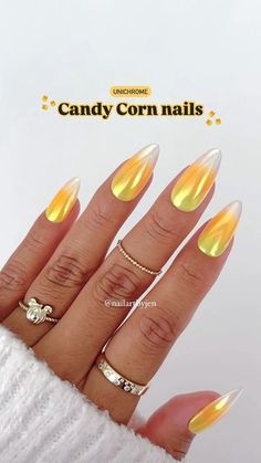 Jeanette Flores on Instagram: "Very classy, very demure Halloween nails ✨🎃✨ Candy Corn Unichrome glazed nails for all my classy girlies!! 💅🏽 💛🧡🤍  Save & Share for Halloween nail inspo, Follow for the tutorial 🫶🏼  Using @daily_charme (code: JEN10) •Unichrome powder  #demure #halloween #glazednails #chromenails #unichrome #pressonnails #glazeddonutnails #demurenails #classynails #cleangirl #coquette #uñas #uñasdehalloween #nailinspo #nails #whitechromenails #nailart #halloweennails2024 #nailtrends #nailvideos #candycorn #candycornnails #cutenails" Candy Corn Acrylic Nails, White Chrome Nail Designs, Halloween Nails With Chrome, Candy Corn Nails Acrylic, Candy Corn Ombre Nails, Halloween Nails Chrome, Candy Corn Nail Art, Candy Corn Nails Halloween, Candy Corn Nail Designs