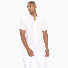 White / Brand New White Slim Fit Casual Shirt, White Slim Fit Short Sleeve T-shirt, White Slim Fit Cotton T-shirt, Slim Fit White Cotton T-shirt, White Fitted Short Sleeve Casual Shirt, Casual Slim Fit Shirt For Everyday, Casual Everyday Slim Fit Shirt, White Collared Short Sleeve Shirt For Everyday, Fashion Nova Shirts