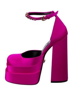 Versace Satin D'Orsay PumpsPinkSquare-Toes with Crystal EmbellishmentsPlatformWrap-Around Straps & Buckle Closure at Ankles Pink Versace Platform Heels, Crystal Embellishment, Designer Gifts, Chanel Shoes, Louboutin Shoes, Christian Louboutin Shoes, Sweater Accessories, Pump Shoes, Sneakers For Sale